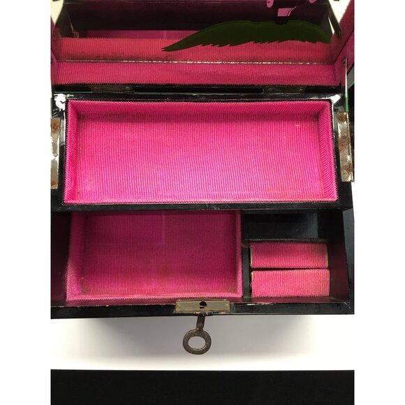 Vintage Japanese Lacquered Music Jewelry Box with Key Black 1950s - Sound Works - Picture 11 of 16